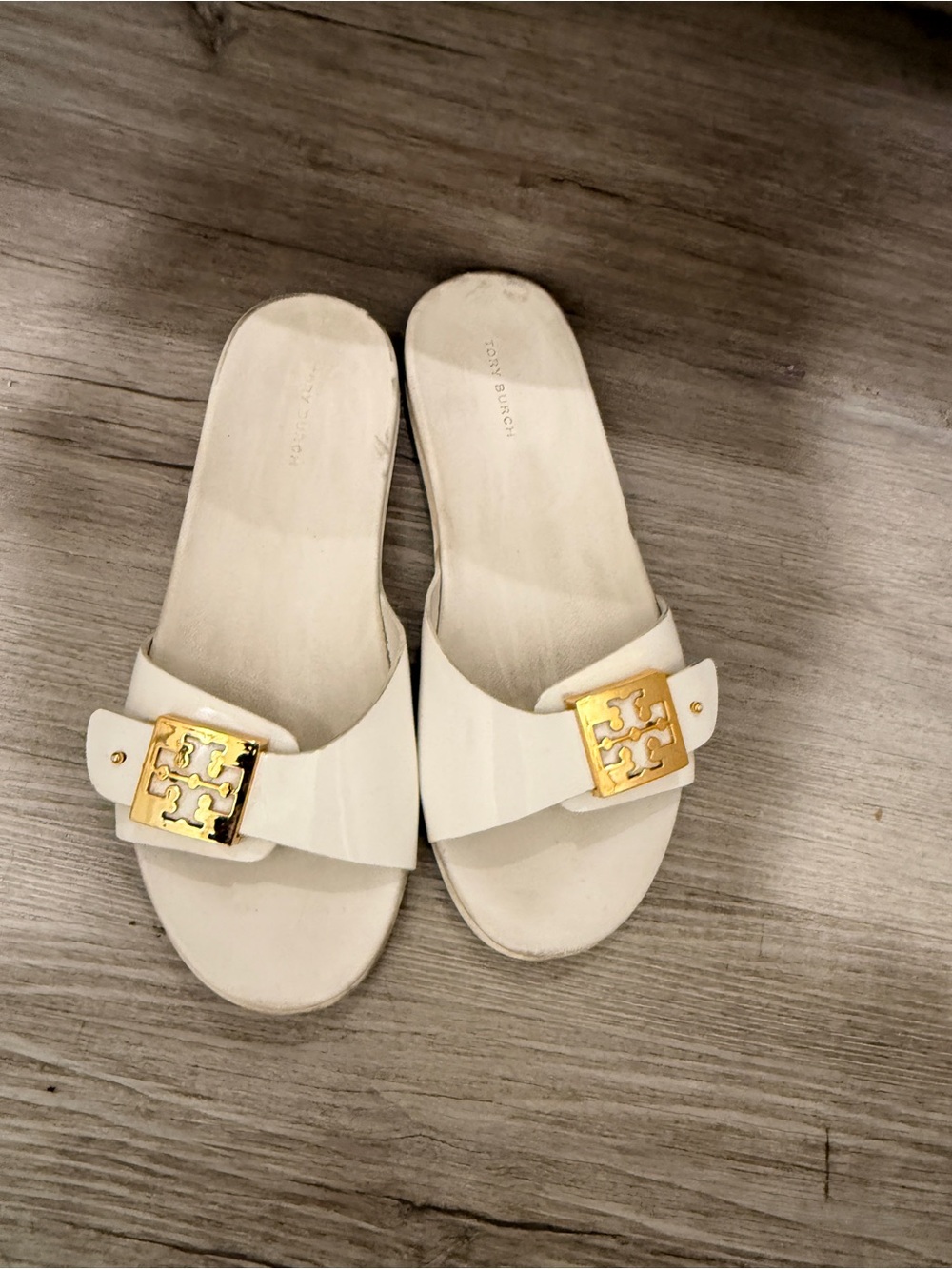 Tory Burch White Leather Slide Sandals with Gold Logo Buckles